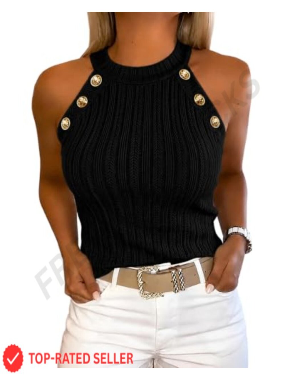Sleeveless Ribbed Knit Tank Top Halter Neck Gold Buttons